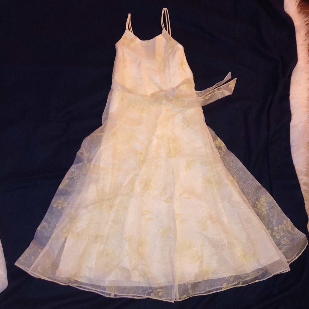 Cream long dress with embroidered flowers